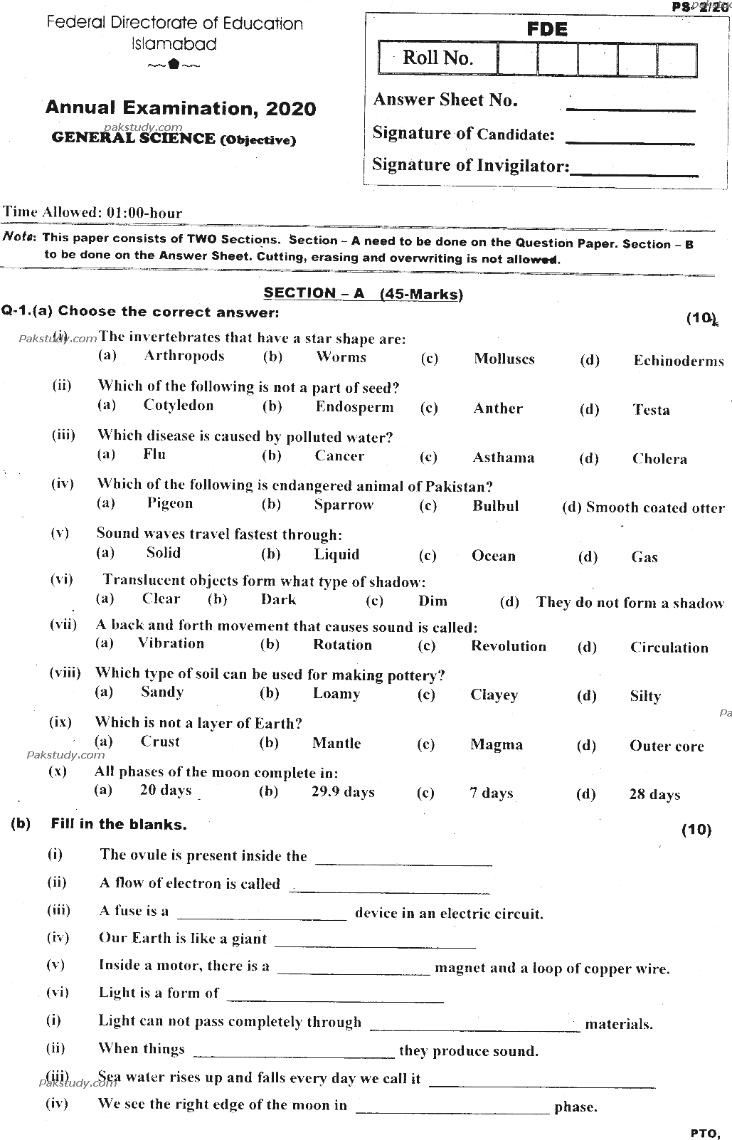 5th Class General Science Past Paper 2020 Federal Directorate Of Education Islamabad Objective