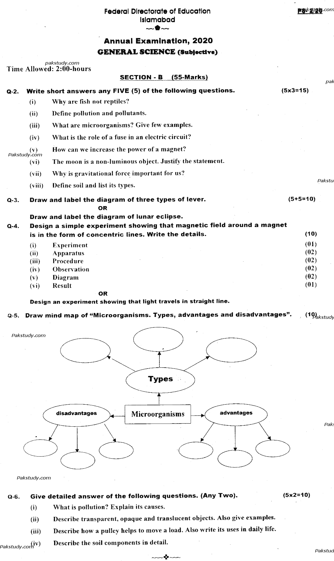 5th Class General Science Past Paper 2020 Federal Directorate Of Education Islamabad Subjective