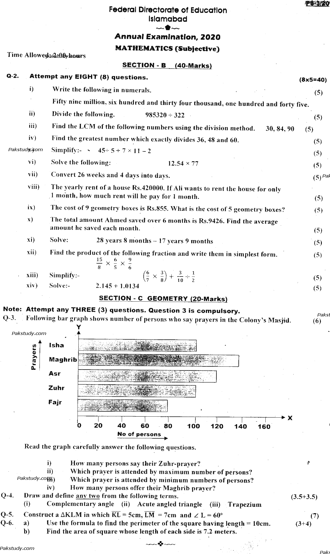 5th Class Mathematics Past Paper 2020 Federal Directorate Of Education Islamabad Subjective