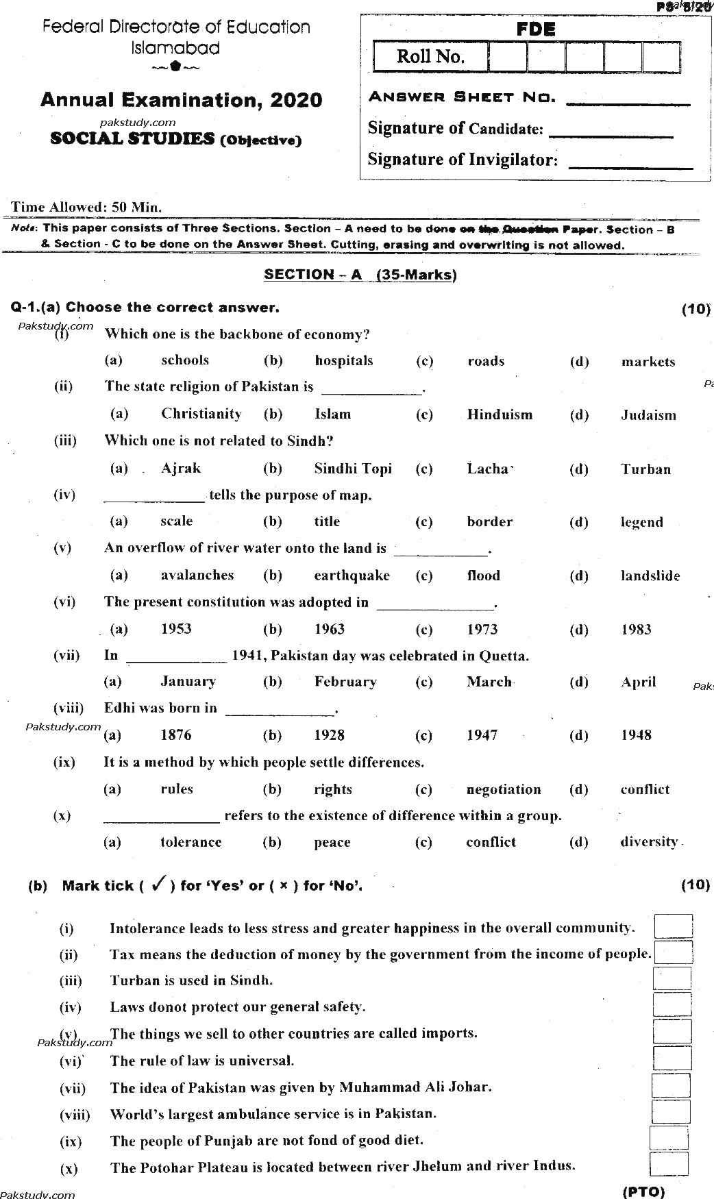 5th Class Social Studies Past Paper 2020 Federal Directorate Of Education Islamabad Objective