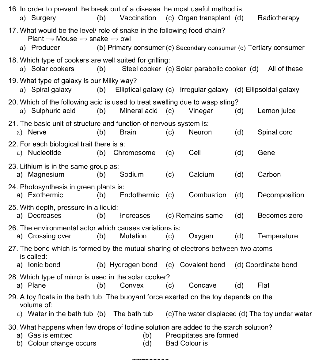 8th Class General Science Past Paper 2024 Federal Directorate Of Education Islamabad Objective
