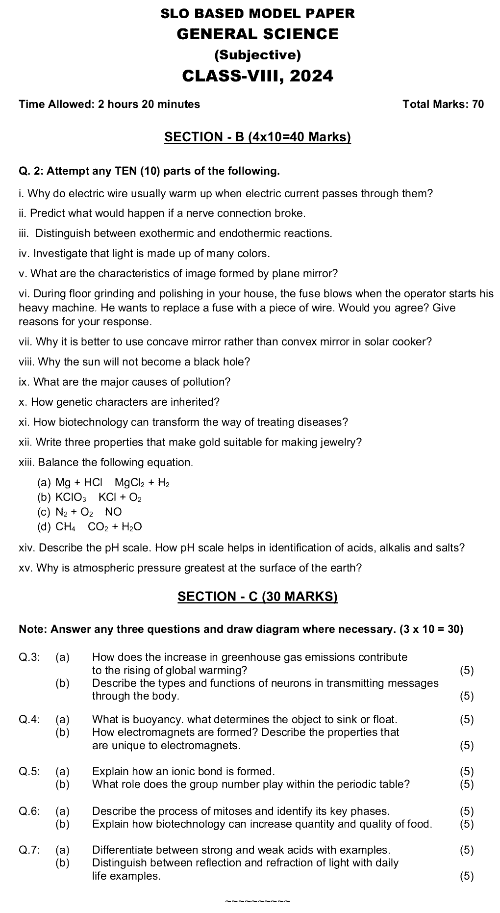 8th Class General Science Past Paper 2024 Federal Directorate Of Education Islamabad Subjective