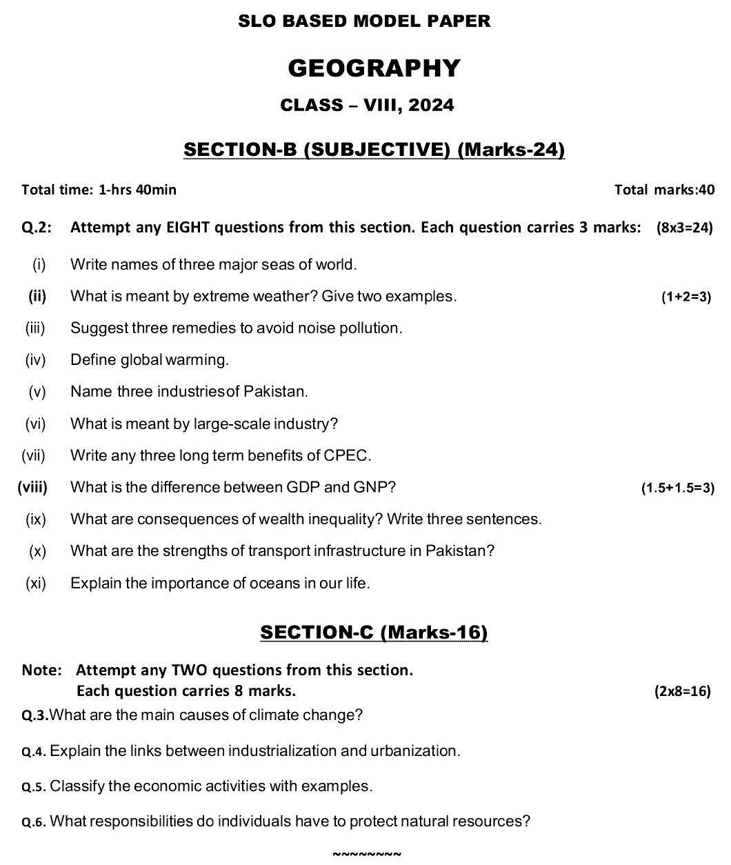 8th Class Geography Past Paper 2024 Federal Directorate Of Education Islamabad Subjective