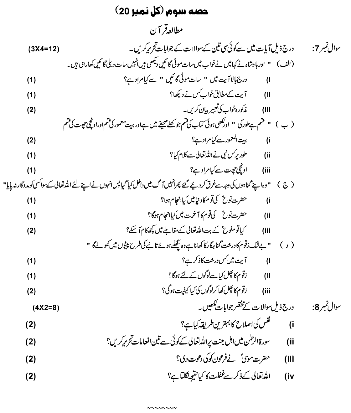 8th Class Islamiat Past Paper 2024 Federal Directorate Of Education Islamabad Subjective