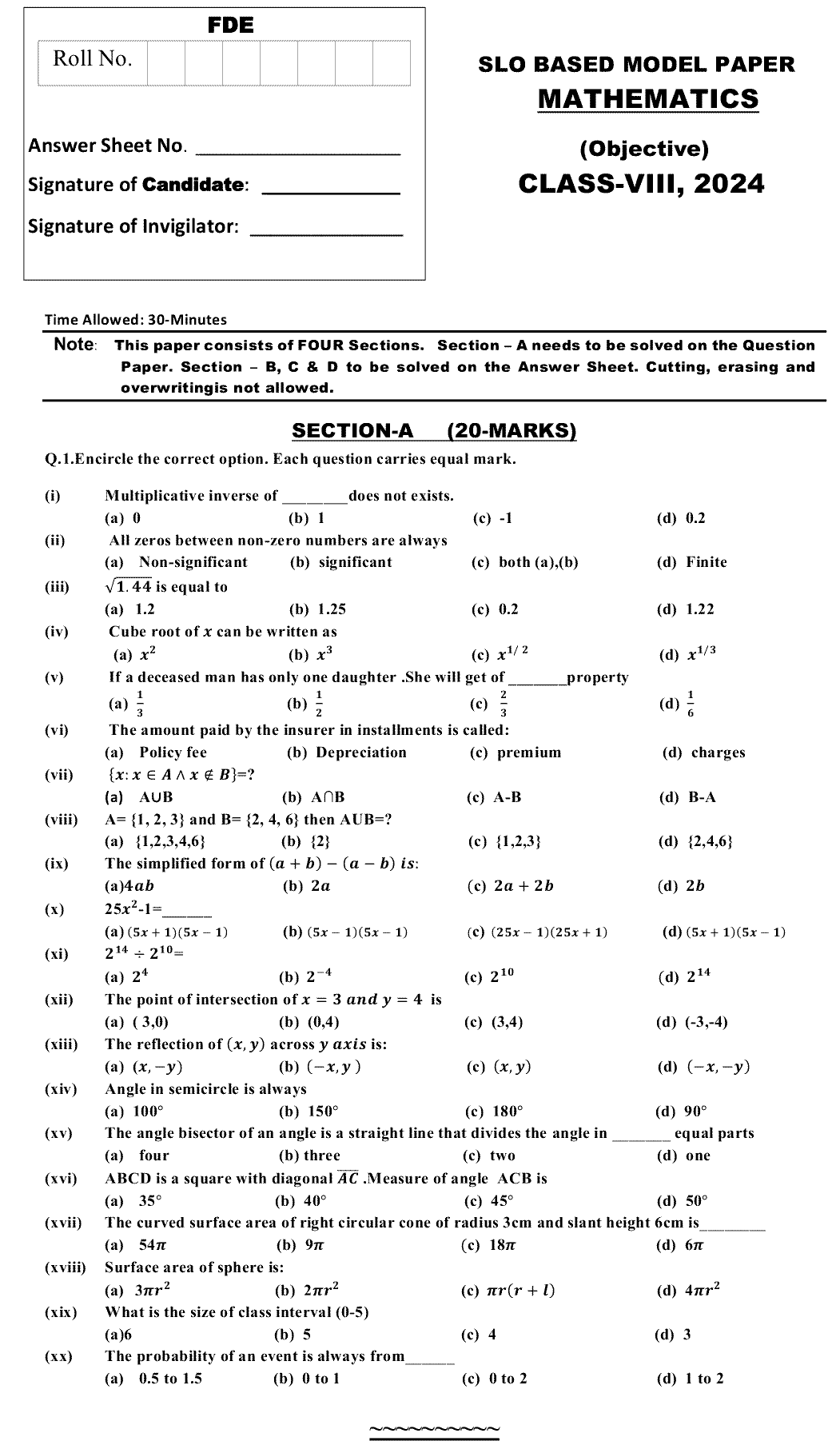 8th Class Mathematics Past Paper 2024 Federal Directorate Of Education Islamabad Objective