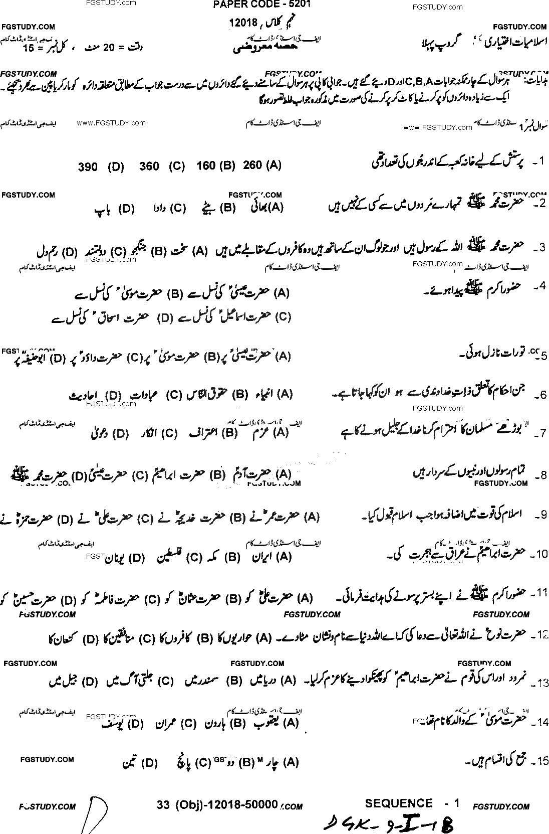 9th Class Advance Islamic Studies Past Paper 2018 Dg Khan Board Group 1 Objective