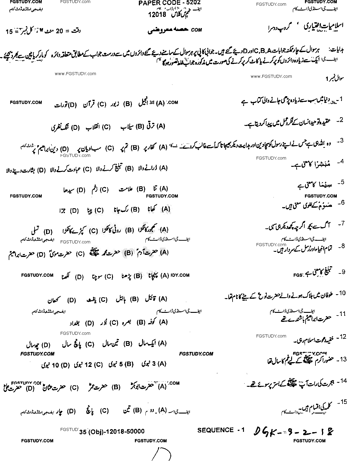 9th Class Advance Islamic Studies Past Paper 2018 Dg Khan Board Group 2 Objective