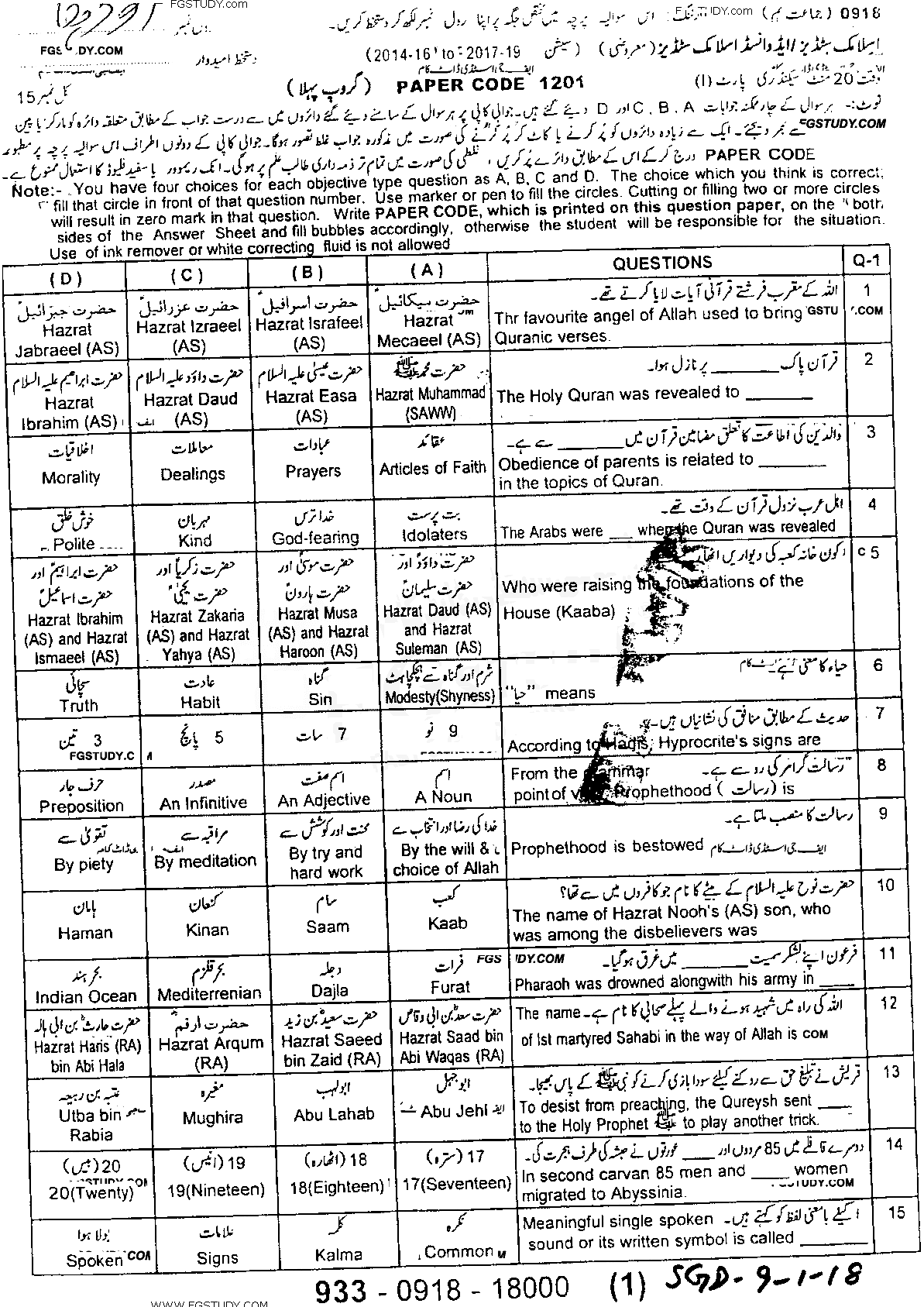 9th Class Advance Islamic Studies Past Paper 2018 Sargodha Board Group 1 Objective
