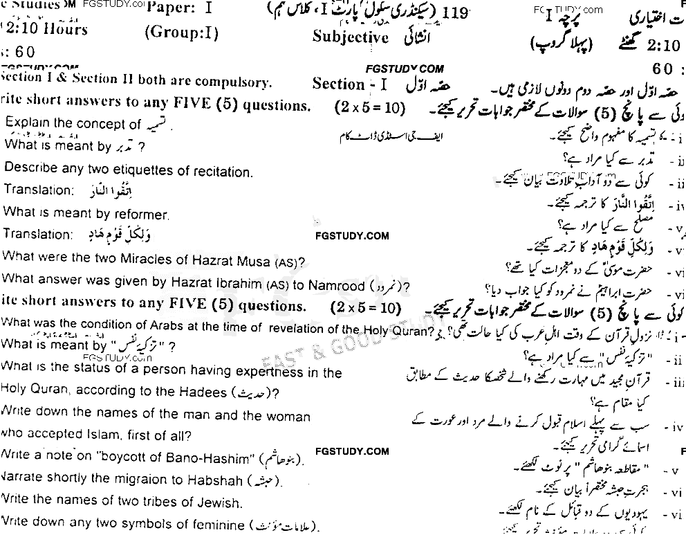 9th Class Advance Islamic Studies Past Paper 2019 Gujranwala Board Group 1 Subjective