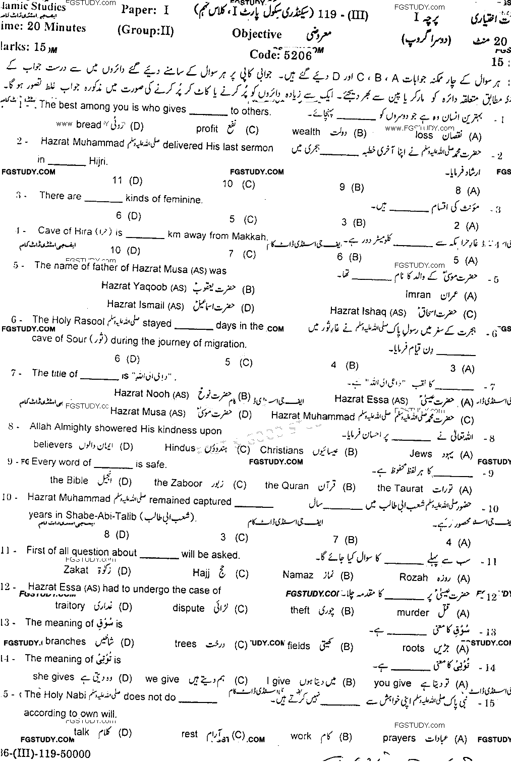 9th Class Advance Islamic Studies Past Paper 2019 Gujranwala Board Group 2 Objective