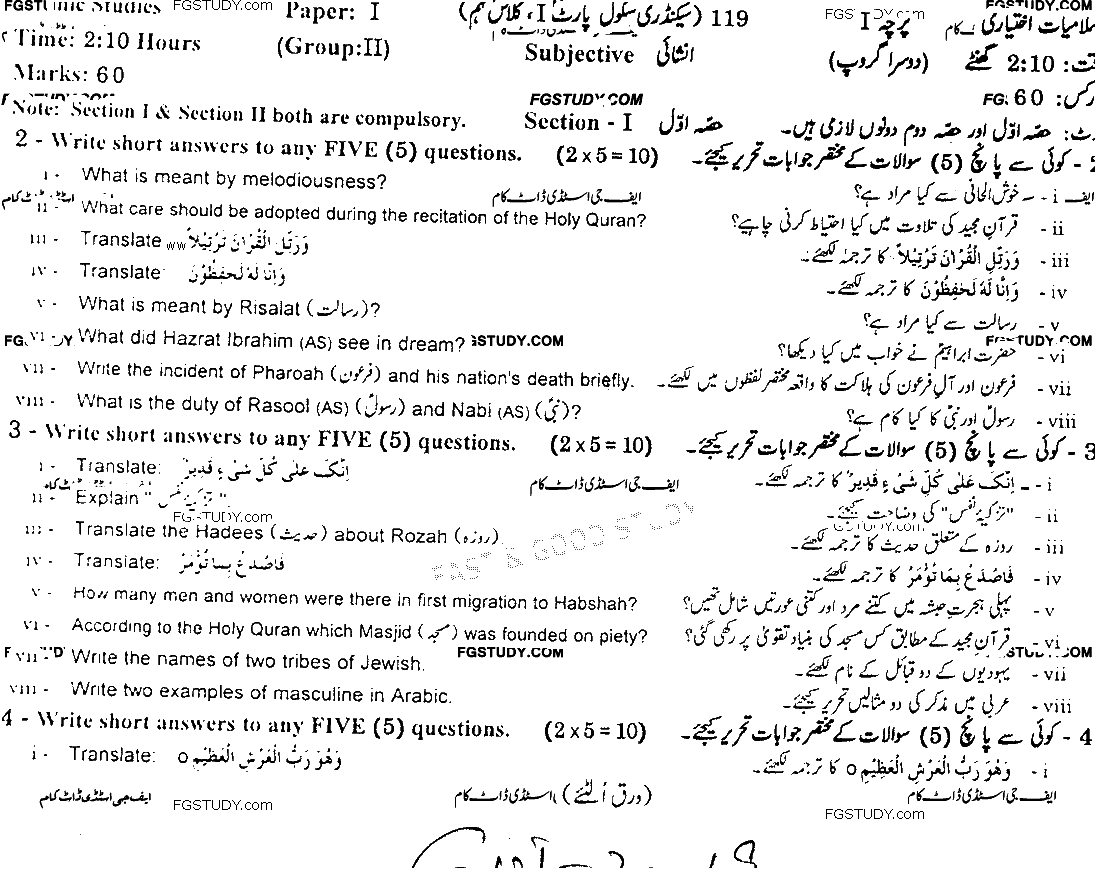 9th Class Advance Islamic Studies Past Paper 2019 Gujranwala Board Group 2 Subjective