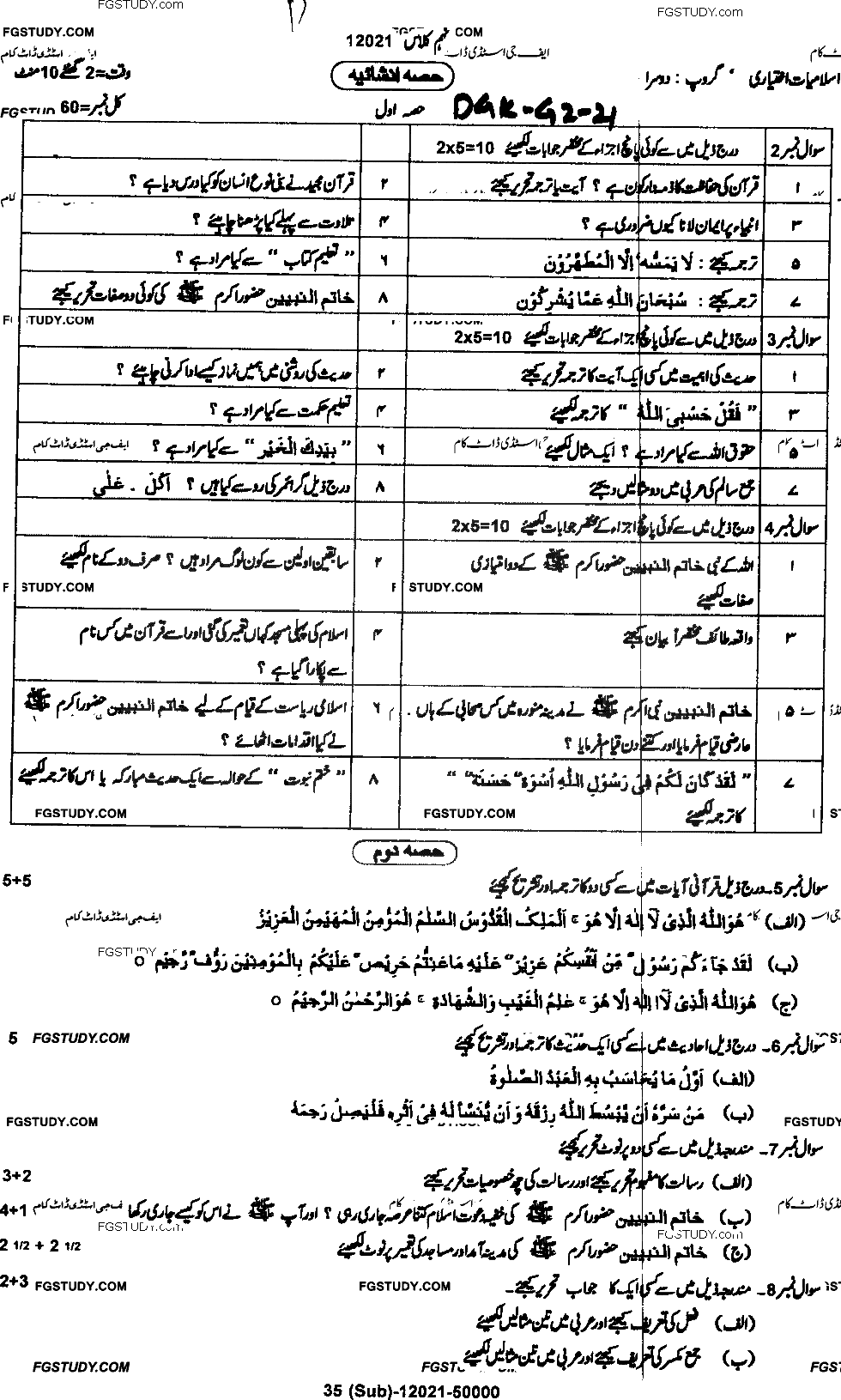 9th Class Advance Islamic Studies Past Paper 2021 Dg Khan Board Group 2 Subjective