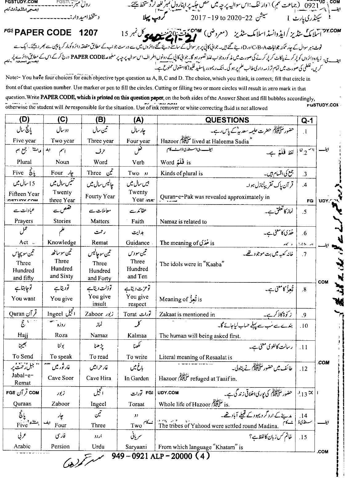 9th Class Advance Islamic Studies Past Paper 2021 Sargodha Board Group 1 Objective