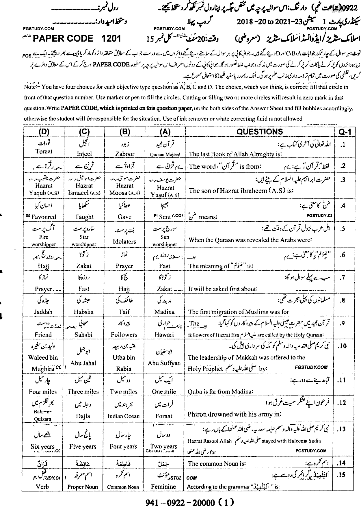 9th Class Advance Islamic Studies Past Paper 2022 Sargodha Board Group 1 Objective
