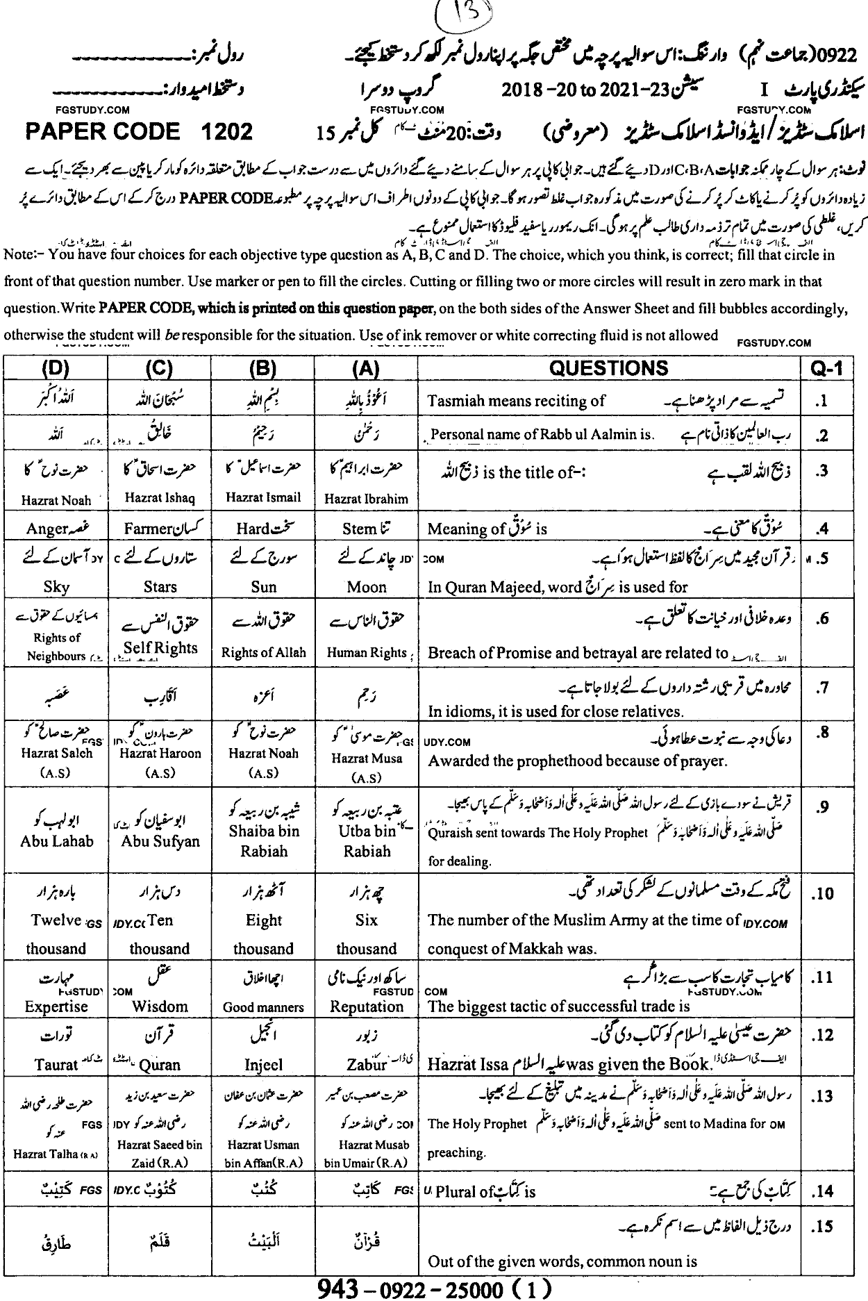 9th Class Advance Islamic Studies Past Paper 2022 Sargodha Board Group 2 Objective