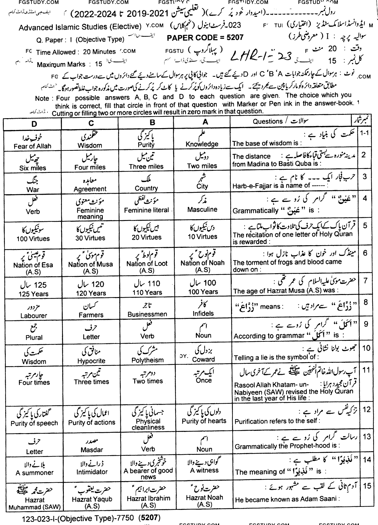9th Class Advance Islamic Studies Past Paper 2023 Lahore Board Group 1 Objective