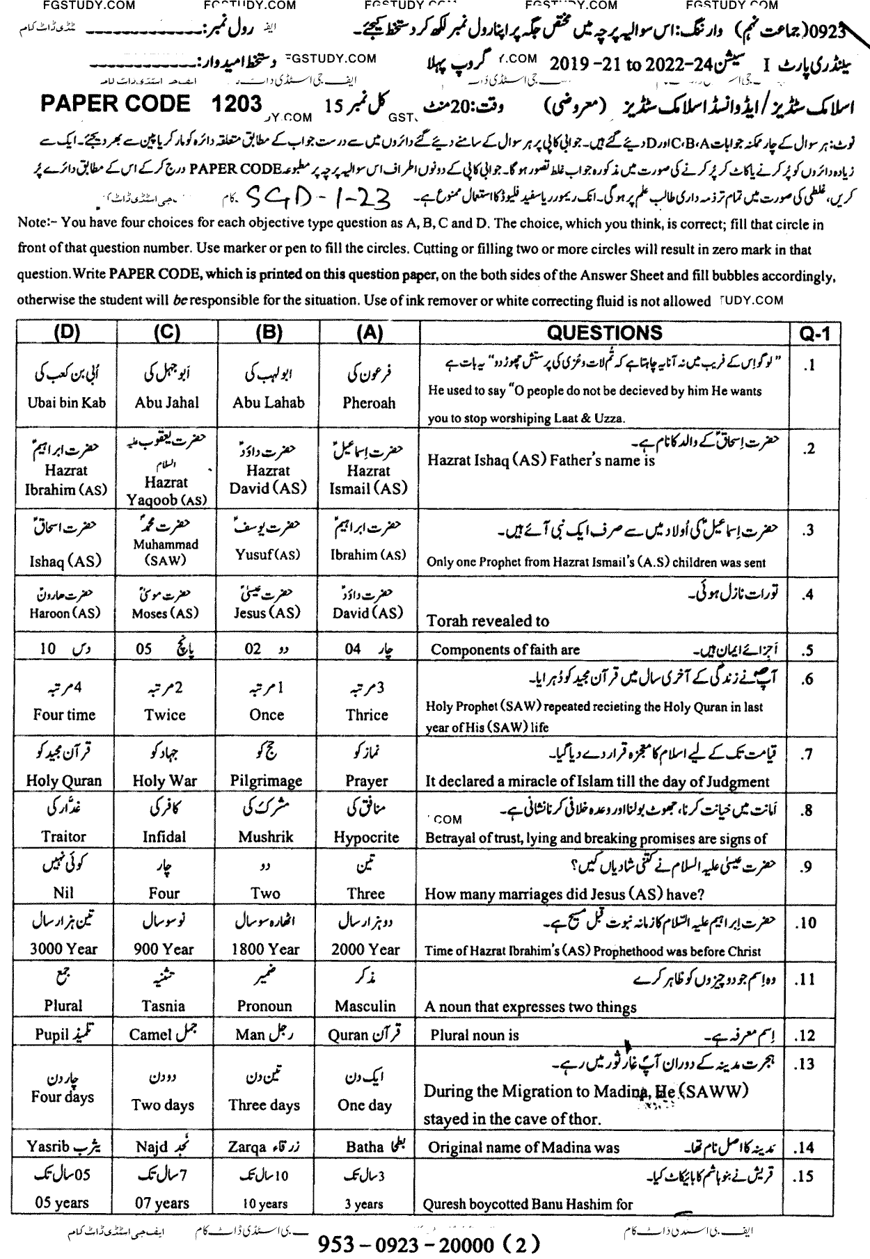 9th Class Advance Islamic Studies Past Paper 2023 Sargodha Board Group 1 Objective