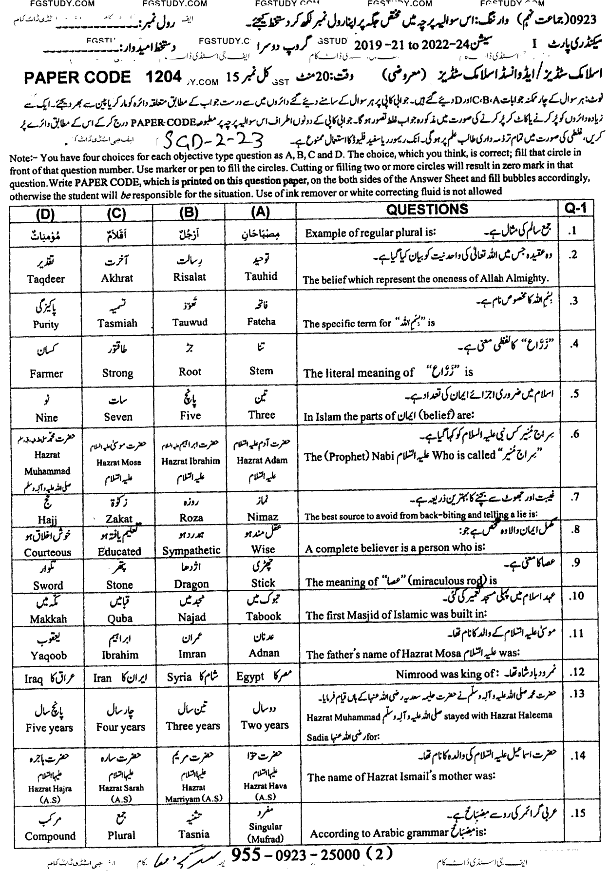 9th Class Advance Islamic Studies Past Paper 2023 Sargodha Board Group 2 Objective