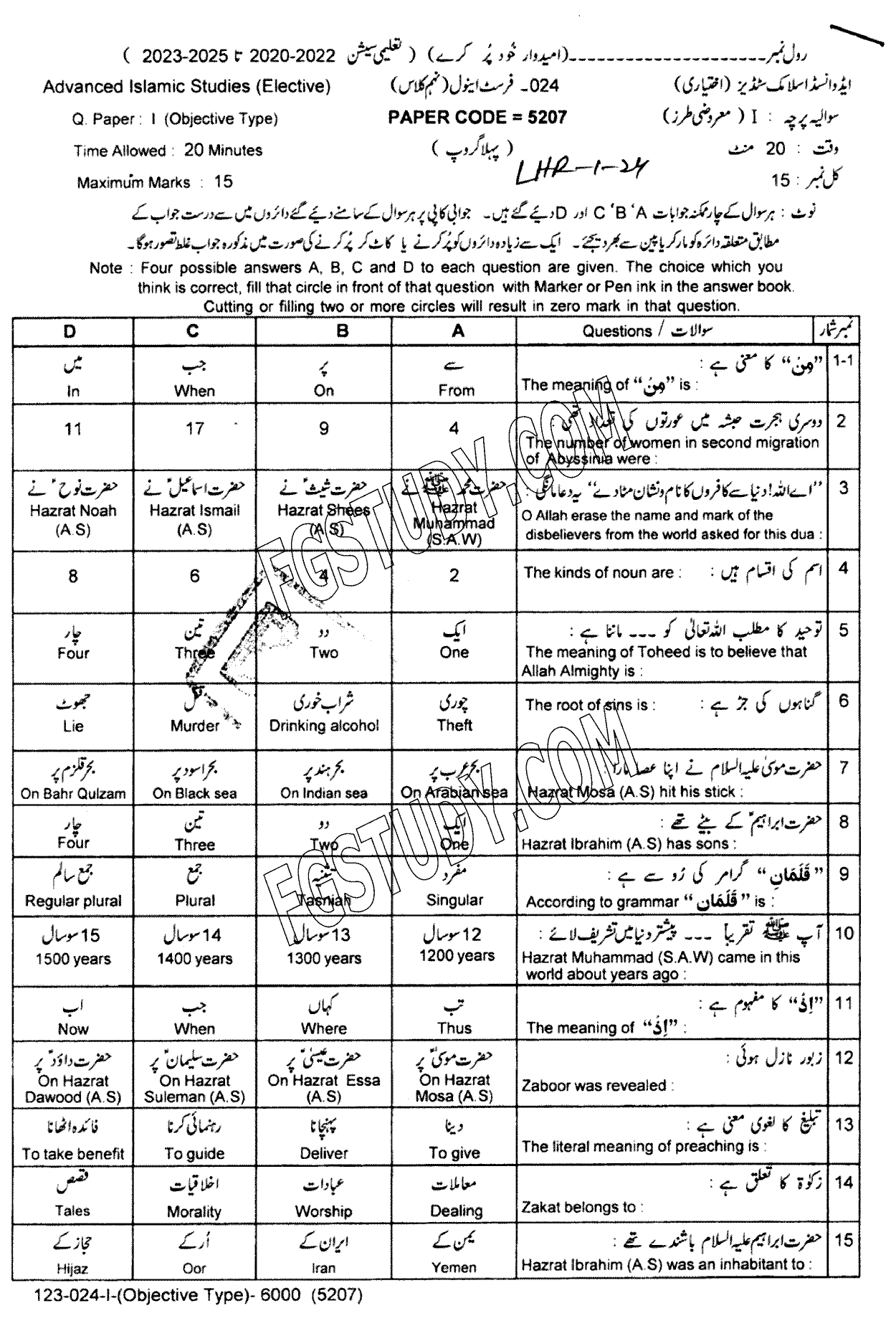 9th Class Advance Islamic Studies Past Paper 2024 Lahore Board Group 1 Objective