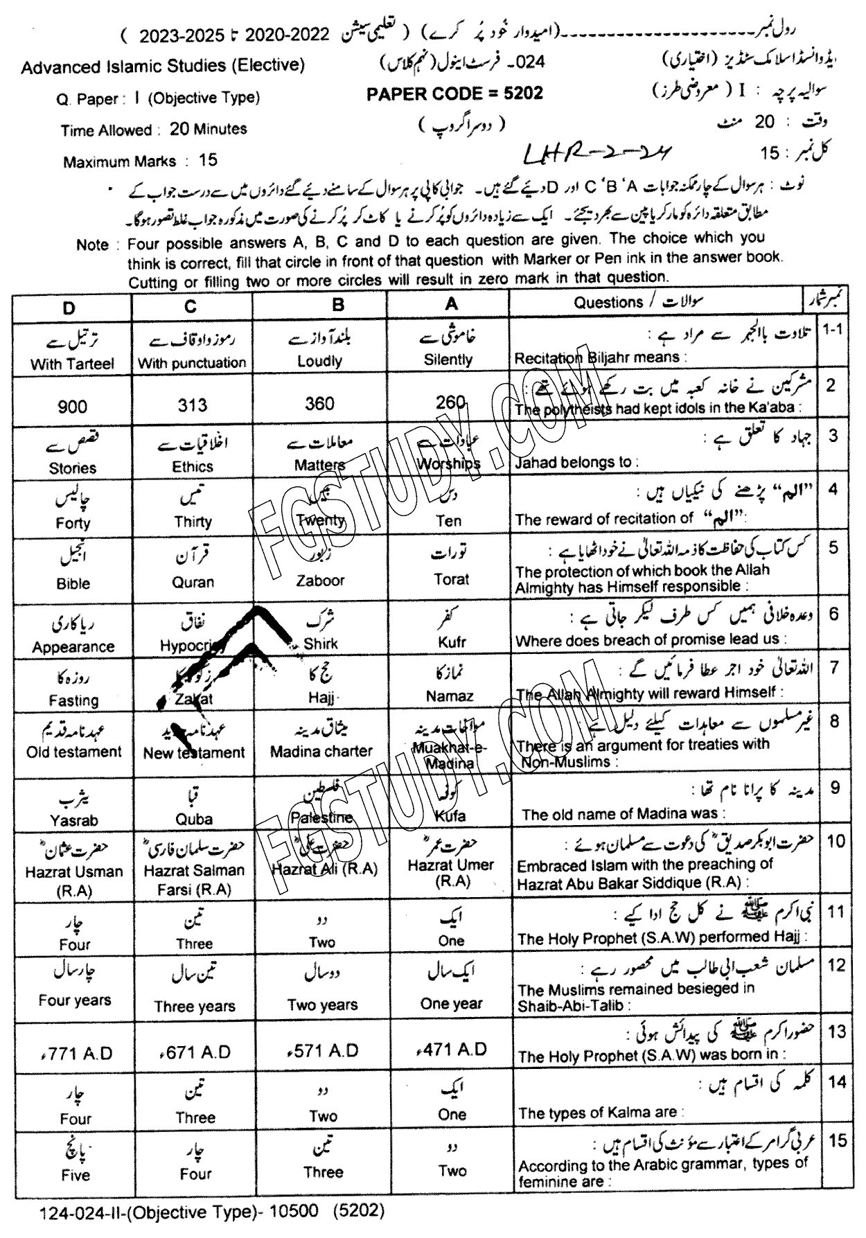 9th Class Advance Islamic Studies Past Paper 2024 Lahore Board Group 2 Objective