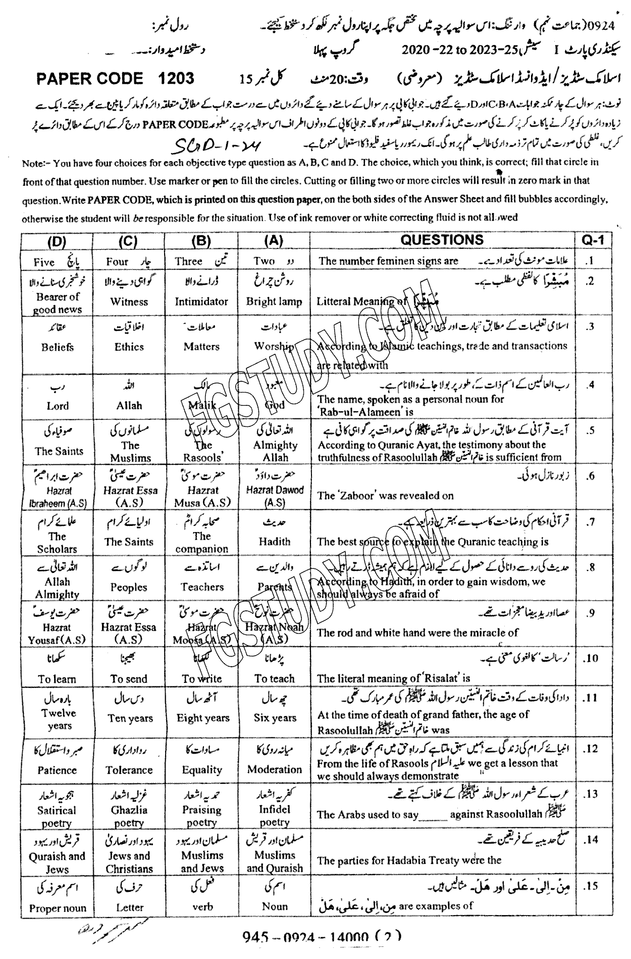 9th Class Advance Islamic Studies Past Paper 2024 Sargodha Board Group 1 Objective