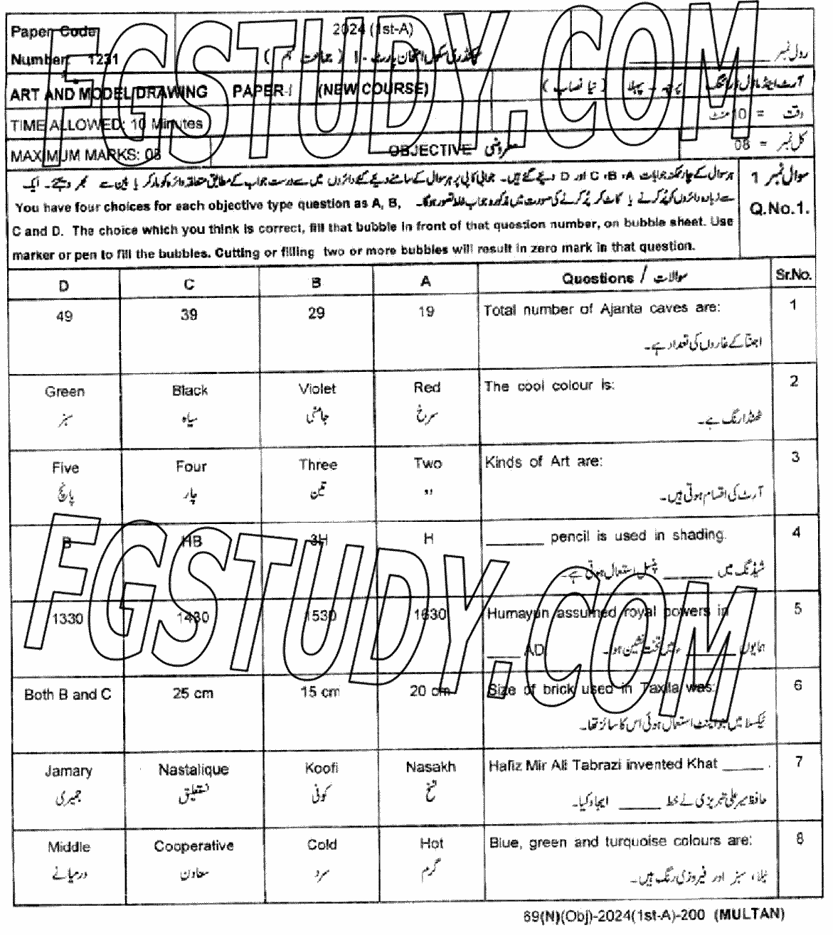 9th Class Art And Model Drawing Past Paper 2024 Multan Board Objective