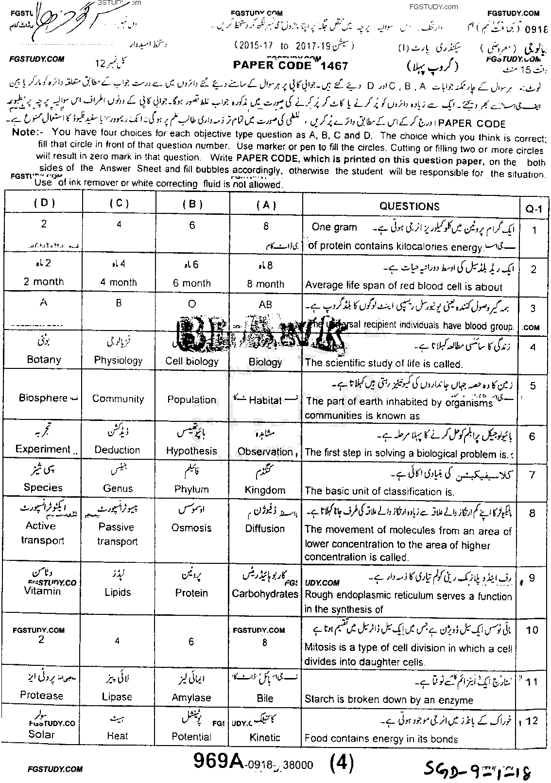 9th Class Biology Past Paper 2018 Sargodha Board Group 1 Objective