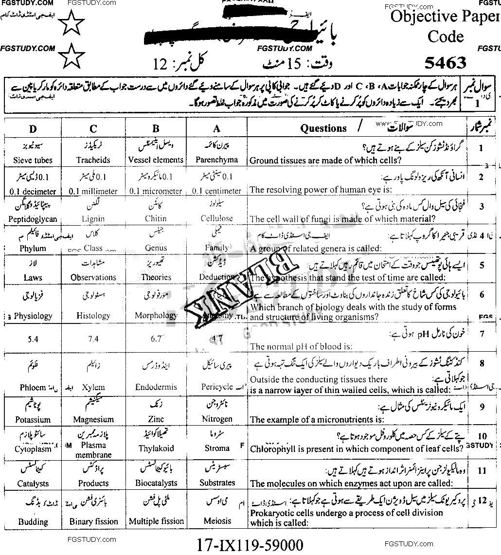 9th Class Biology Past Paper 2019 Faisalabad Board Group 1 Objective