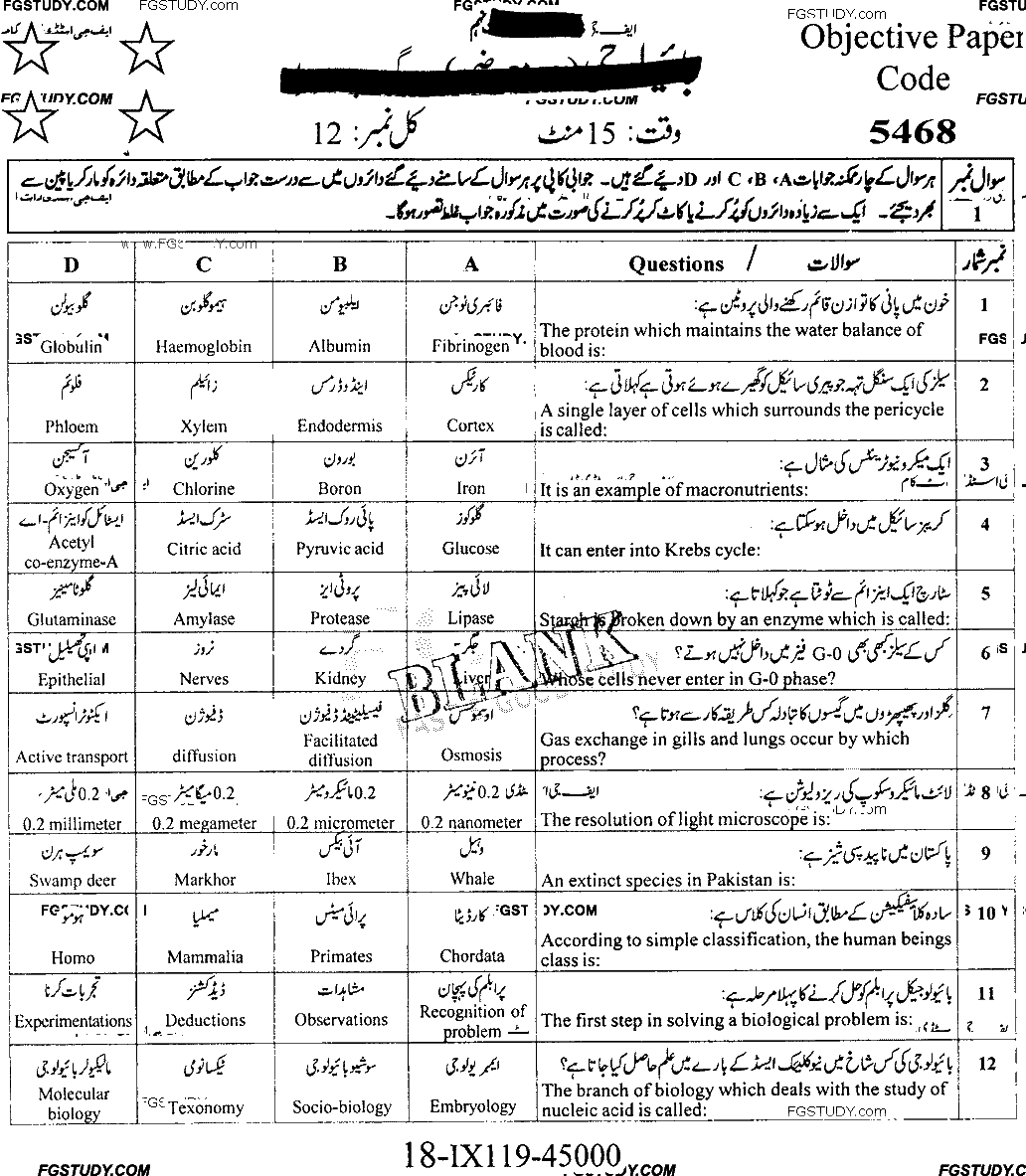 9th Class Biology Past Paper 2019 Faisalabad Board Group 2 Objective