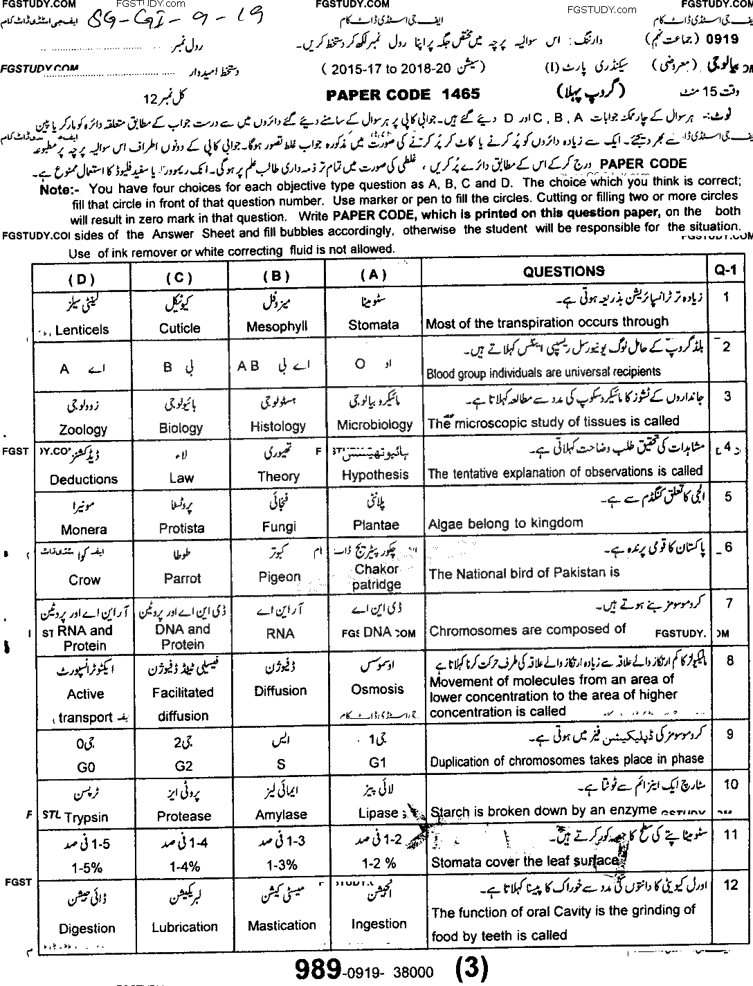 9th Class Biology Past Paper 2019 Sargodha Board Group 1 Objective