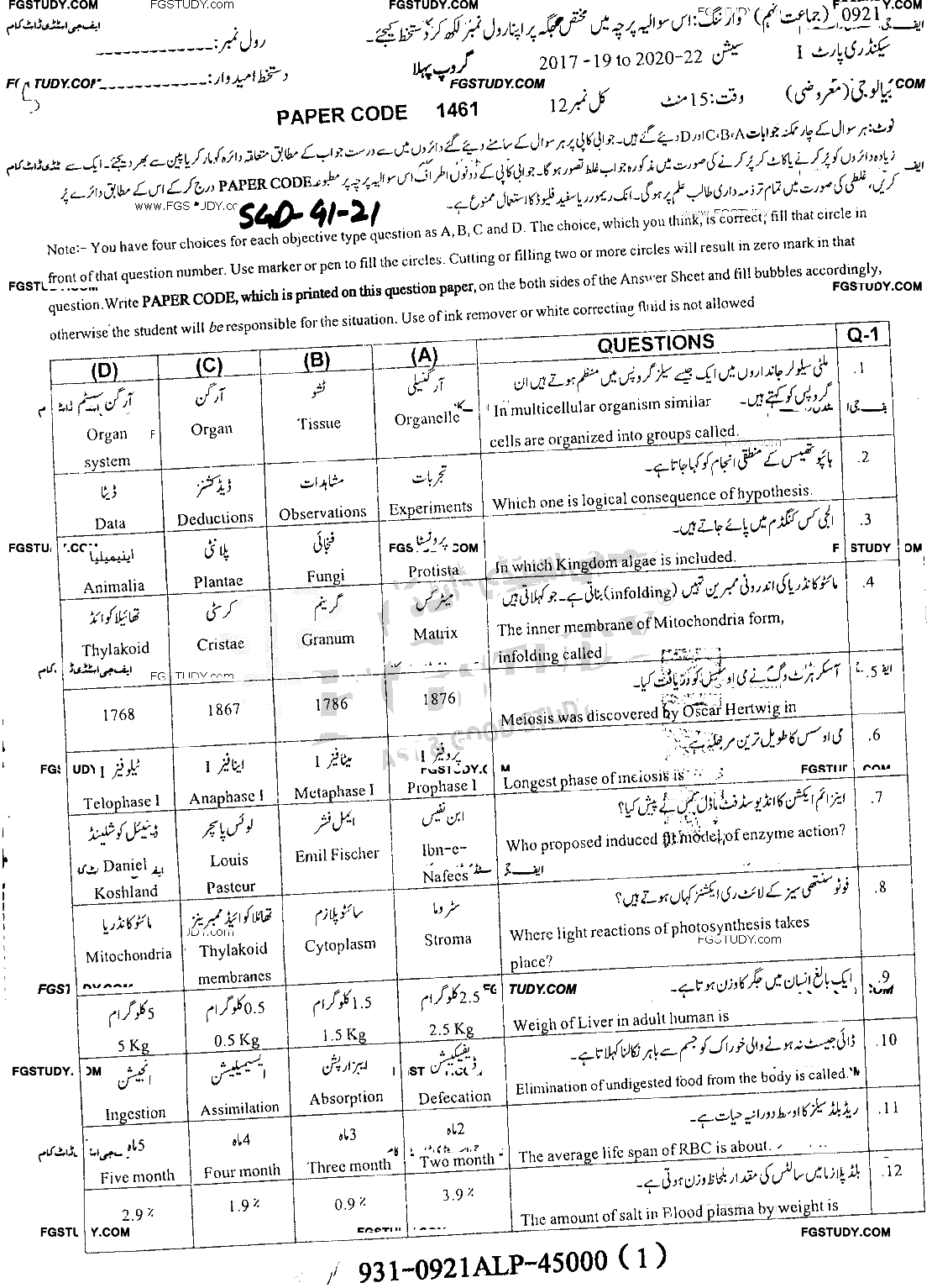 9th Class Biology Past Paper 2021 Sargodha Board Group 1 Objective