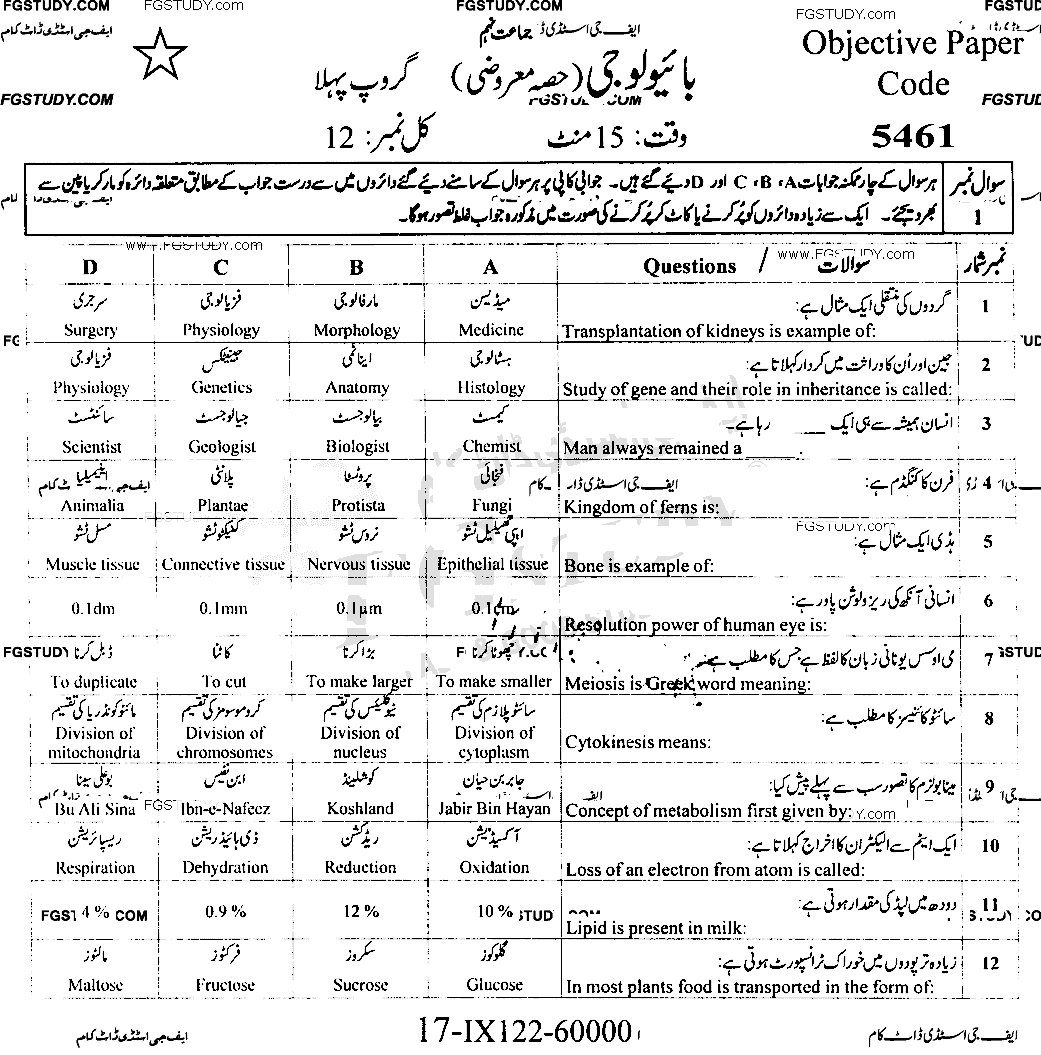 9th Class Biology Past Paper 2022 Faisalabad Board Group 1 Objective