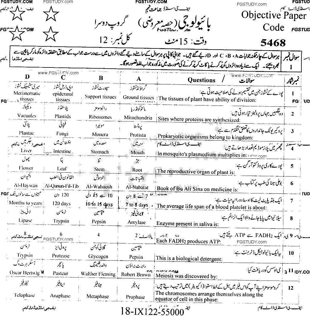 9th Class Biology Past Paper 2022 Faisalabad Board Group 2 Objective