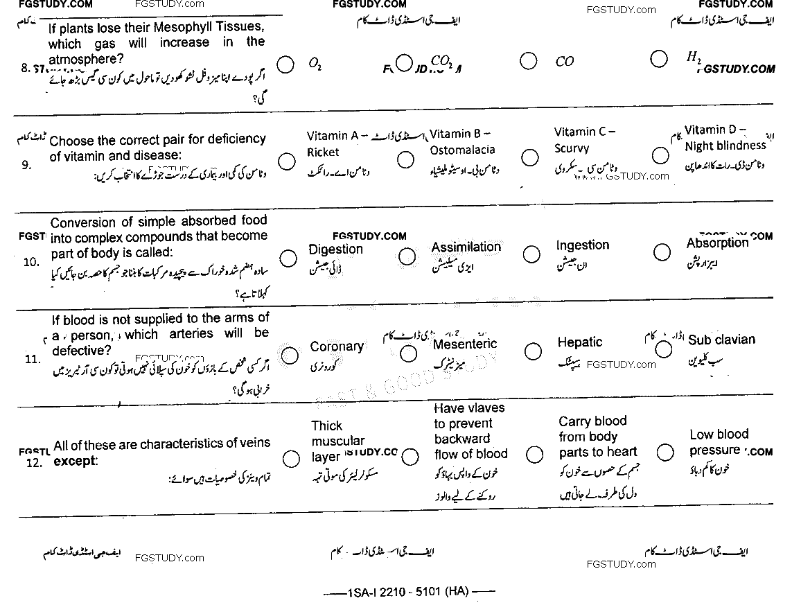 9th Class Biology Past Paper 2022 Federal Board Islamabad Group 1 Objective