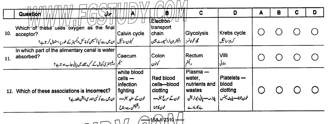 9th Class Biology Past Paper 2023 Federal Board Islamabad Objective