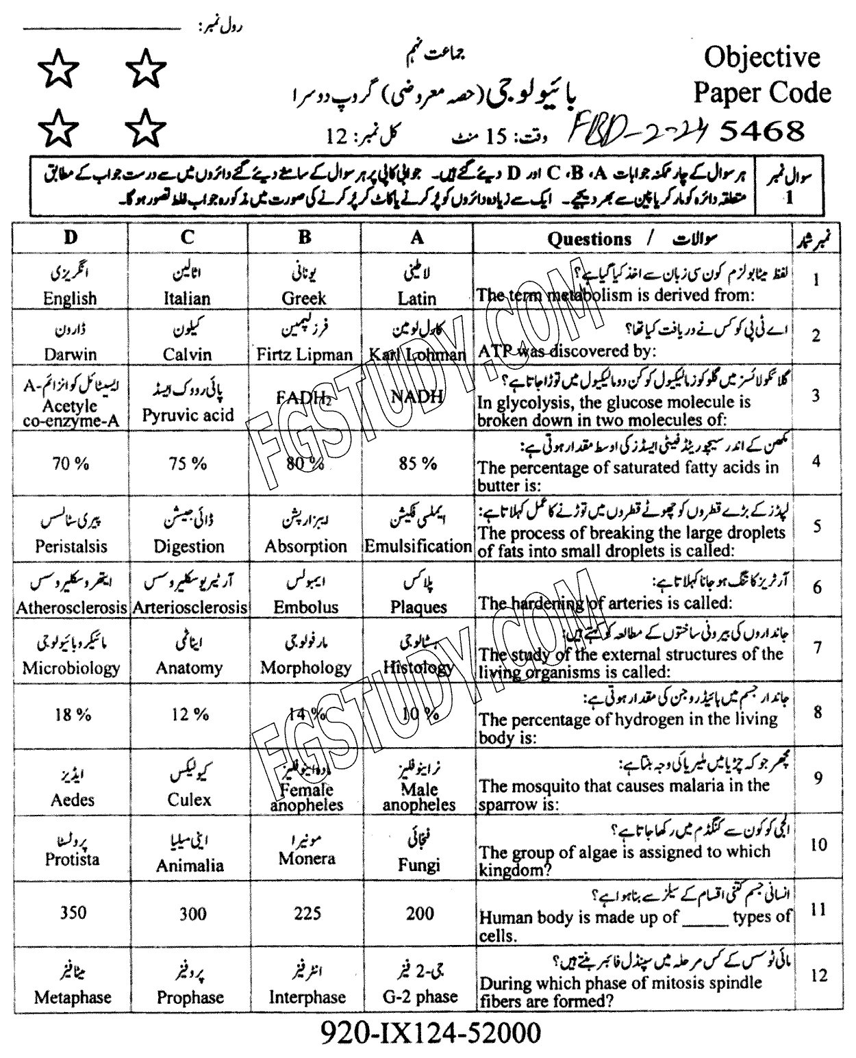 9th Class Biology Past Paper 2024 Faisalabad Board Group 2 Objective