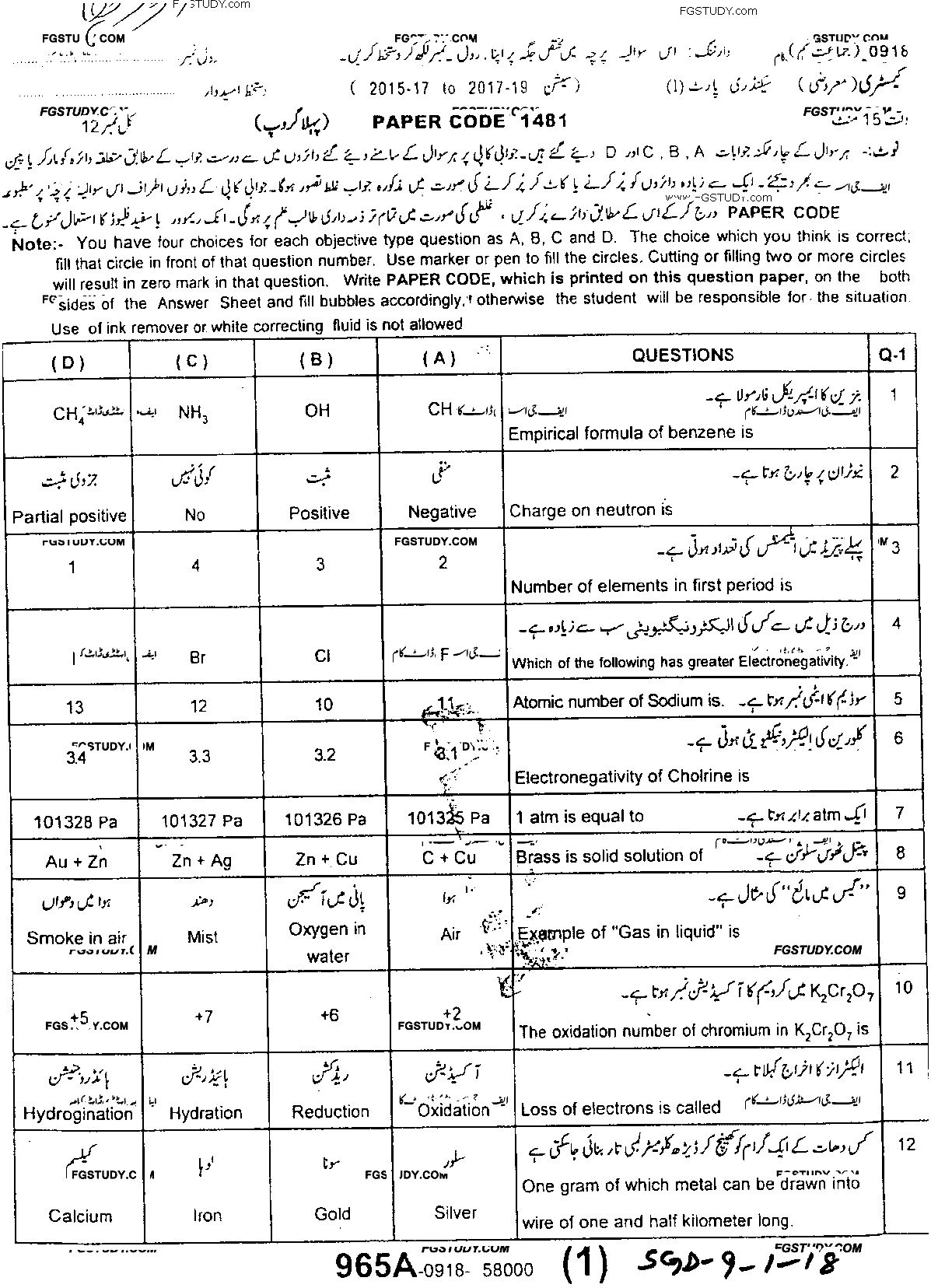 9th Class Chemistry Past Paper 2018 Sargodha Board Group 1 Objective