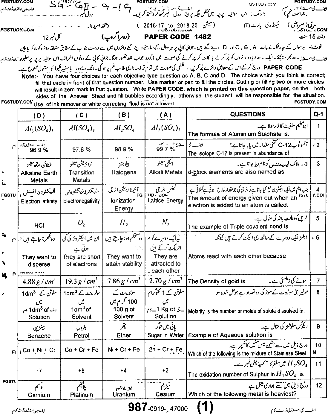 9th Class Chemistry Past Paper 2019 Sargodha Board Group 2 Objective