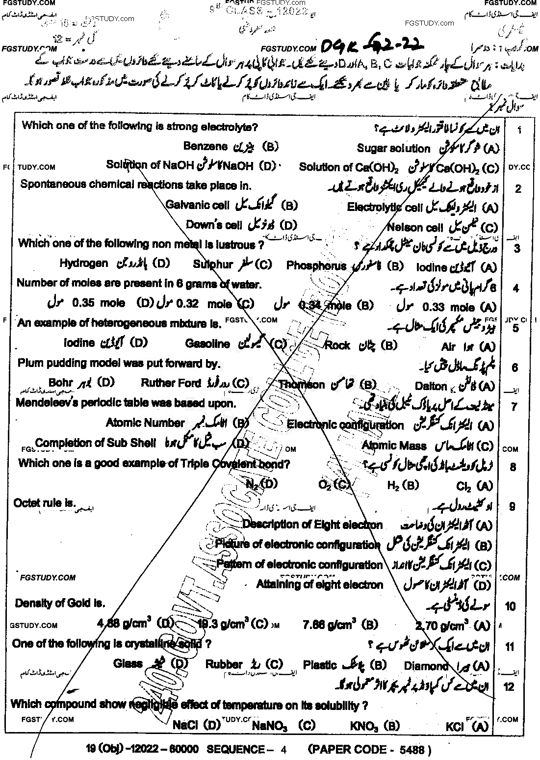 9th Class Chemistry Past Paper 2022 Dg Khan Board Group 2 Objective