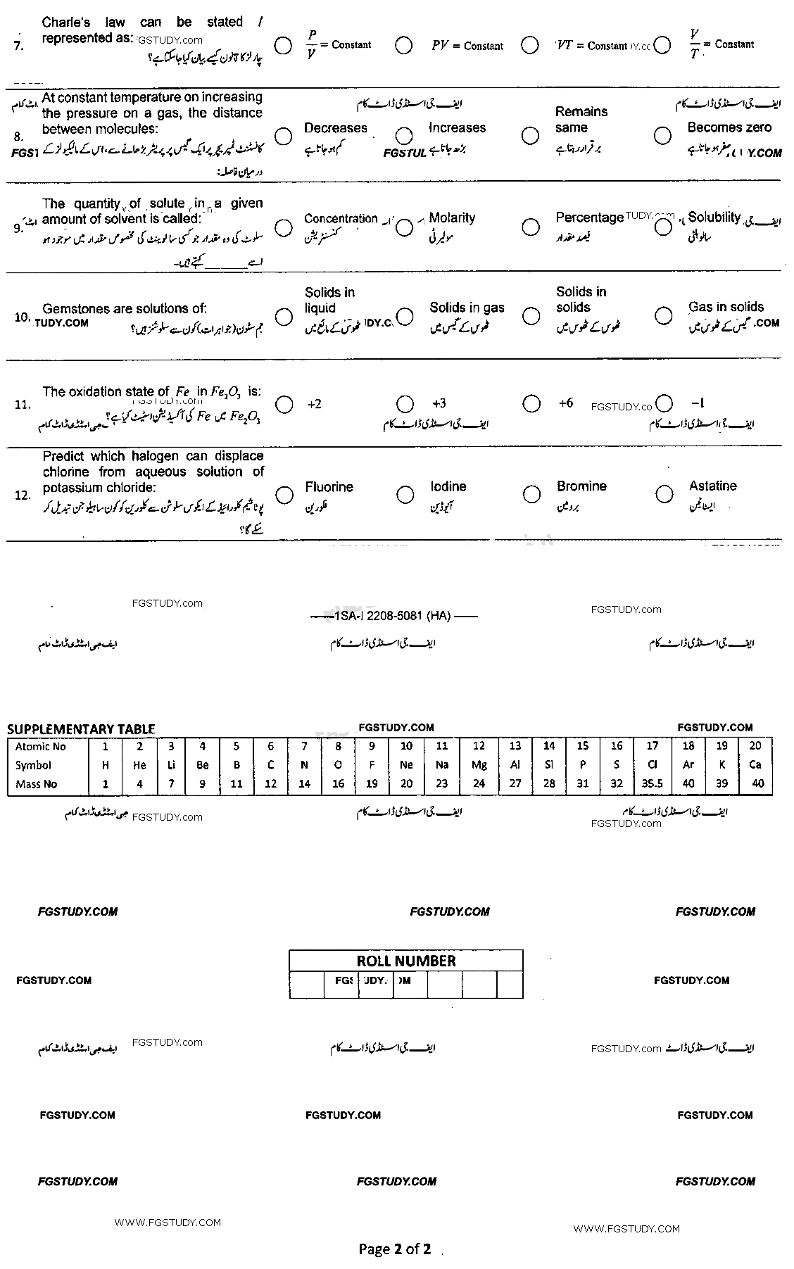 9th Class Chemistry Past Paper 2022 Federal Board Islamabad Group 1 Objective