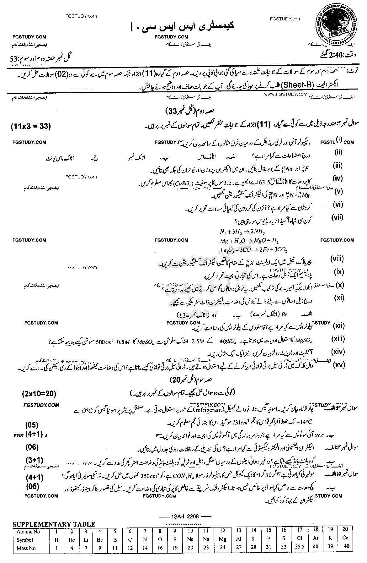 9th Class Chemistry Past Paper 2022 Federal Board Islamabad Group 2 Subjective