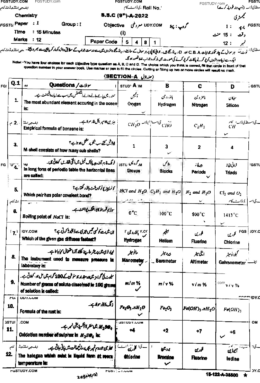 9th Class Chemistry Past Paper 2022 Sahiwal Board Group 1 Objective