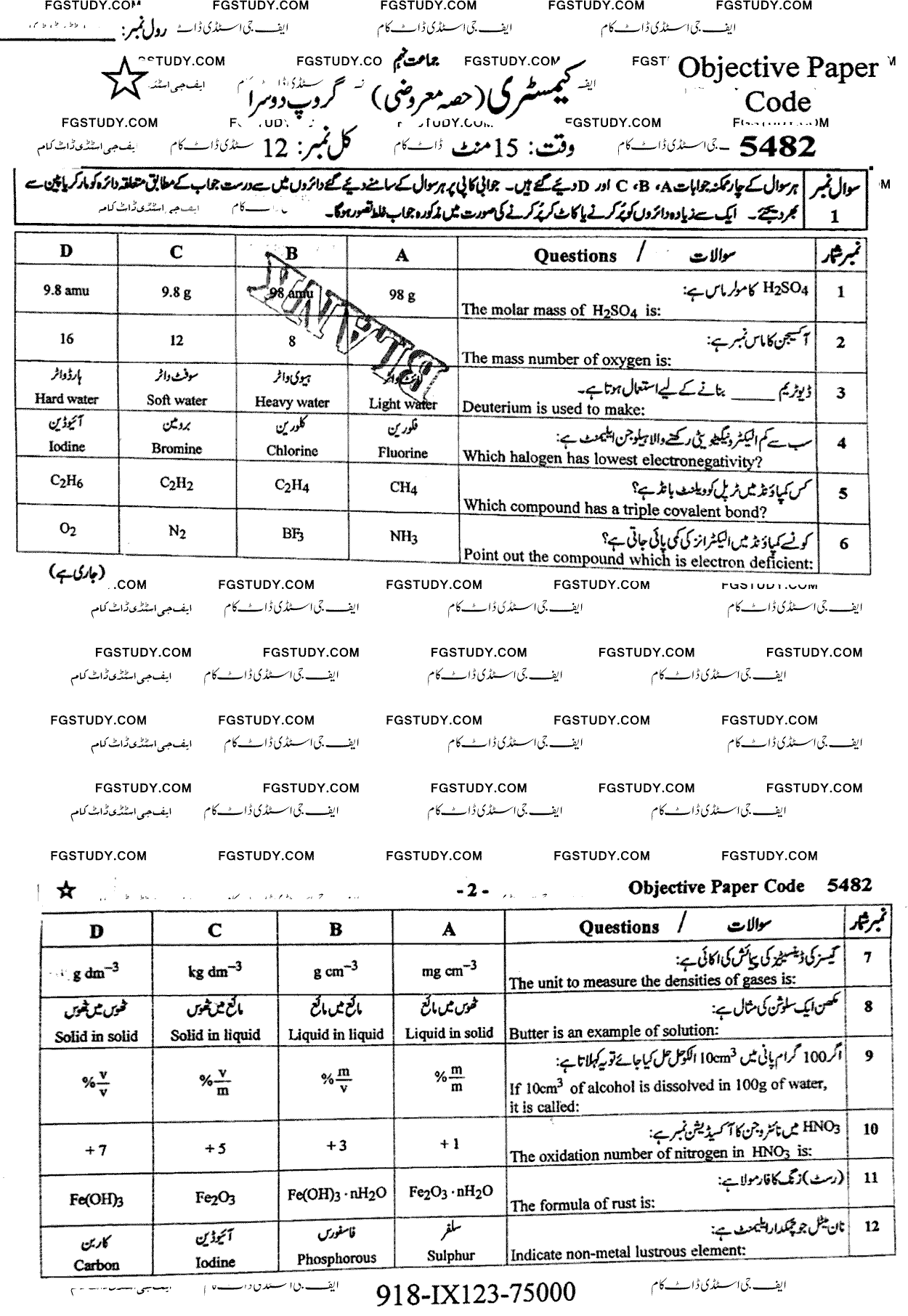 9th Class Chemistry Past Paper 2023 Faisalabad Board Group 2 Objective
