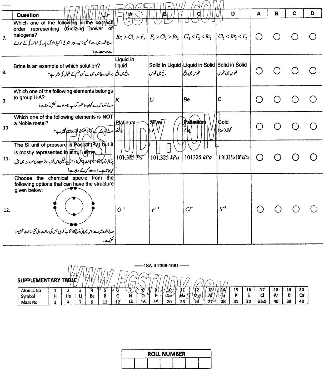 9th Class Chemistry Past Paper 2023 Federal Board Islamabad Objective
