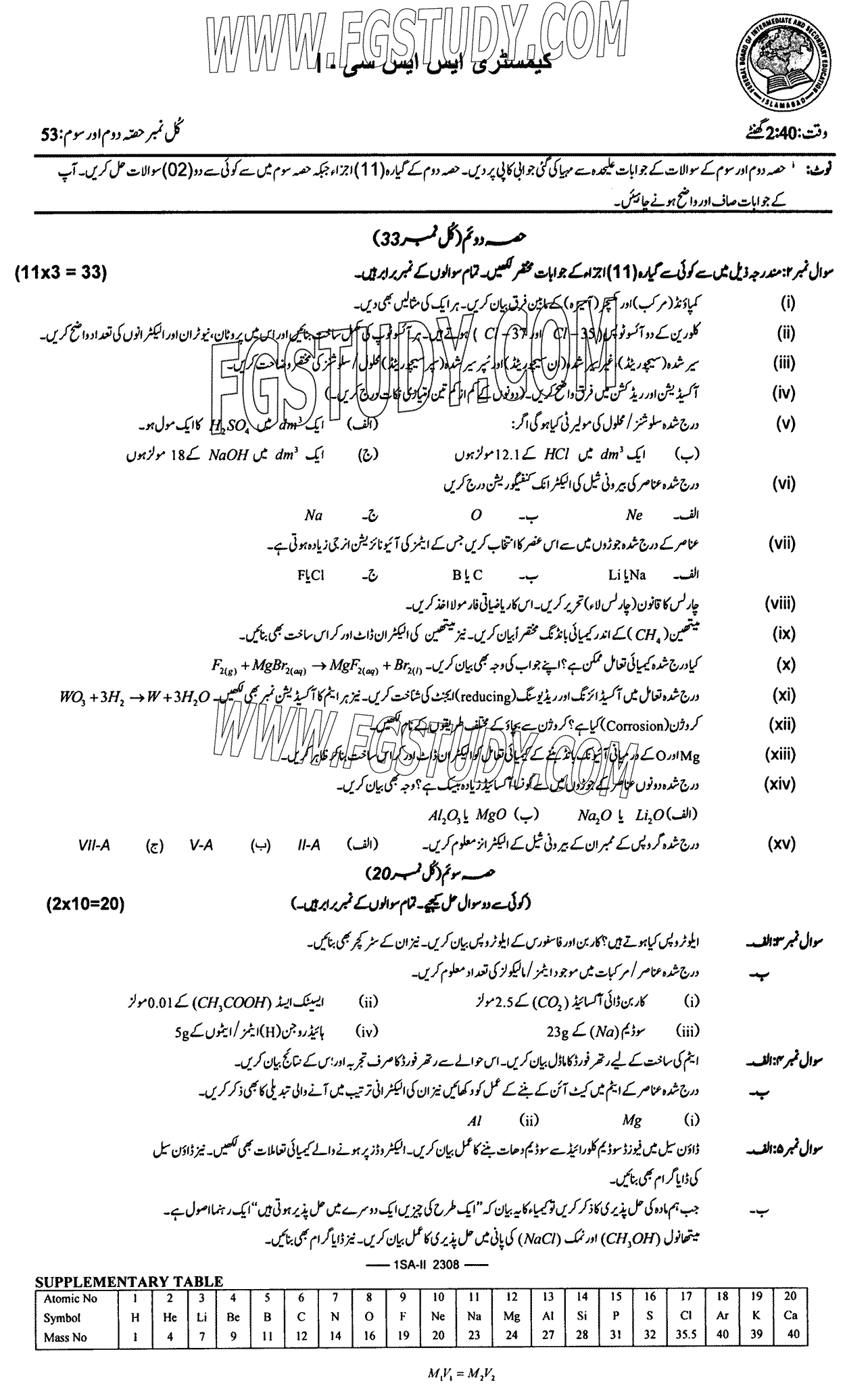 9th Class Chemistry Past Paper 2023 Federal Board Islamabad Subjective