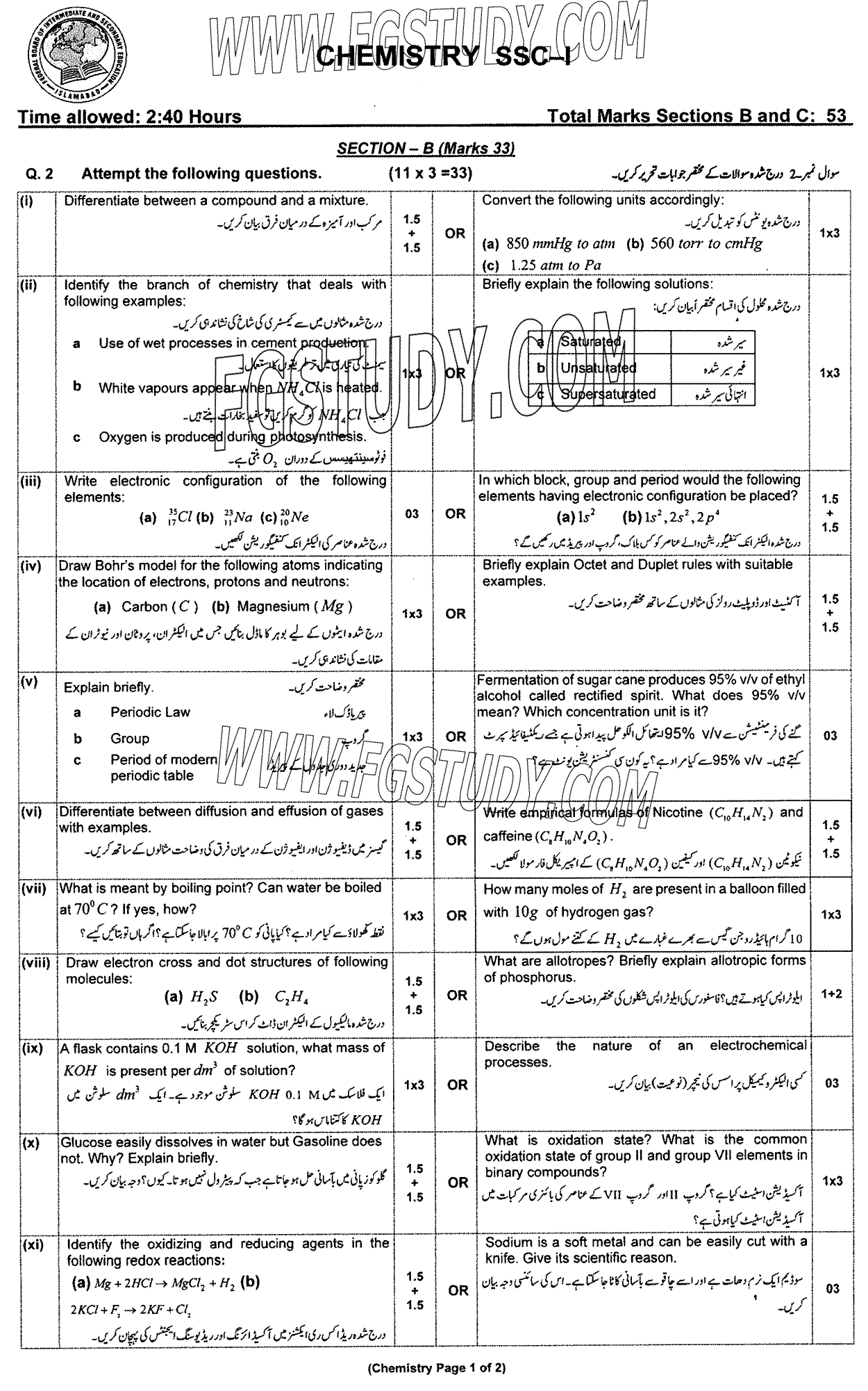 9th Class Chemistry Past Paper 2024 Federal Board Islamabad Group 2 Subjective