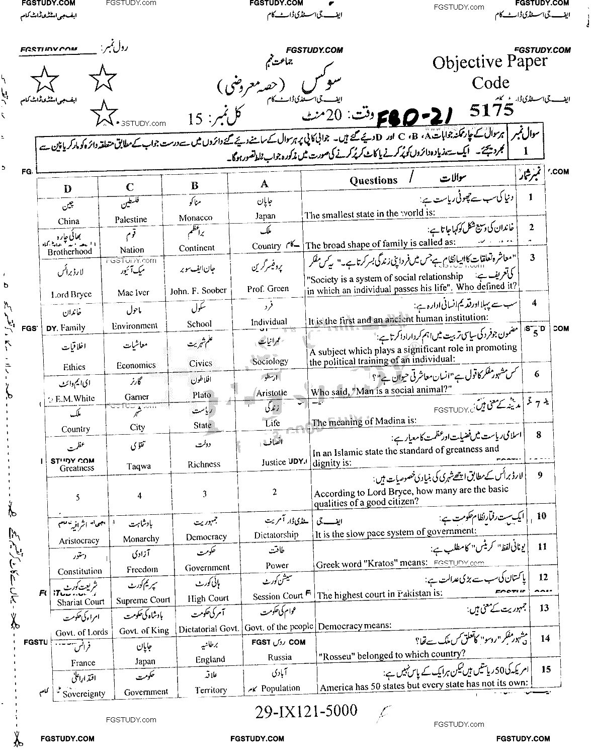 9th Class Civics Past Paper 2021 Faisalabad Board Objective