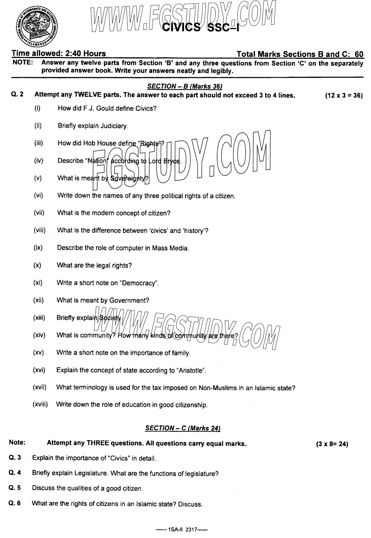 9th Class Civics Past Paper 2023 Federal Board Islamabad Subjective