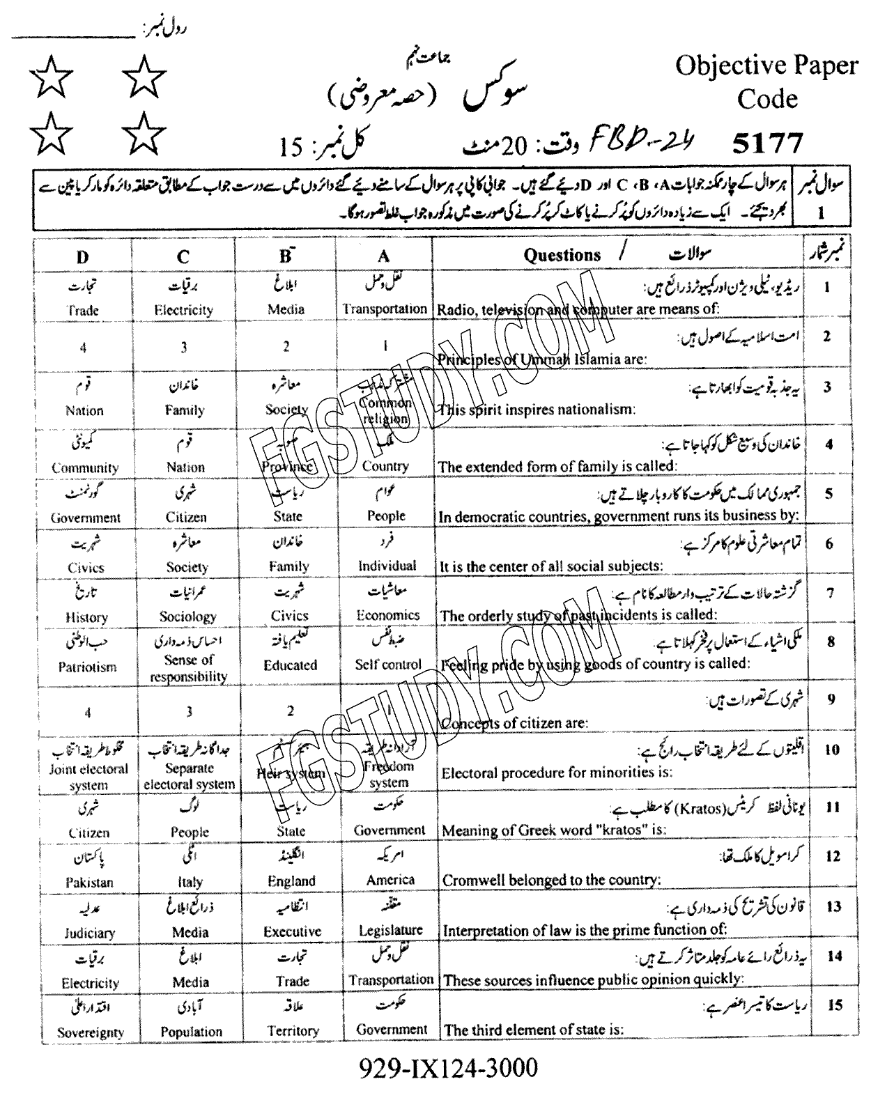 9th Class Civics Past Paper 2024 Faisalabad Board Objective