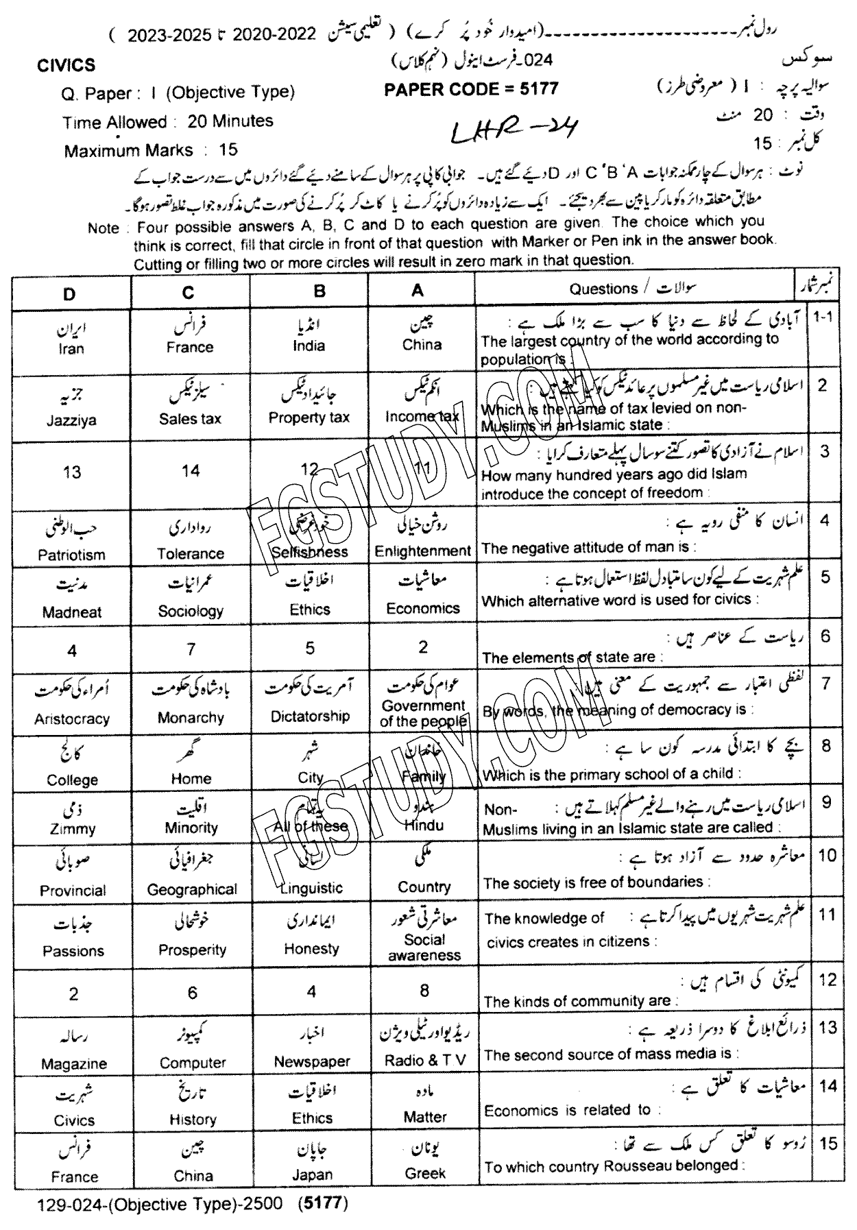 9th Class Civics Past Paper 2024 Lahore Board Objective